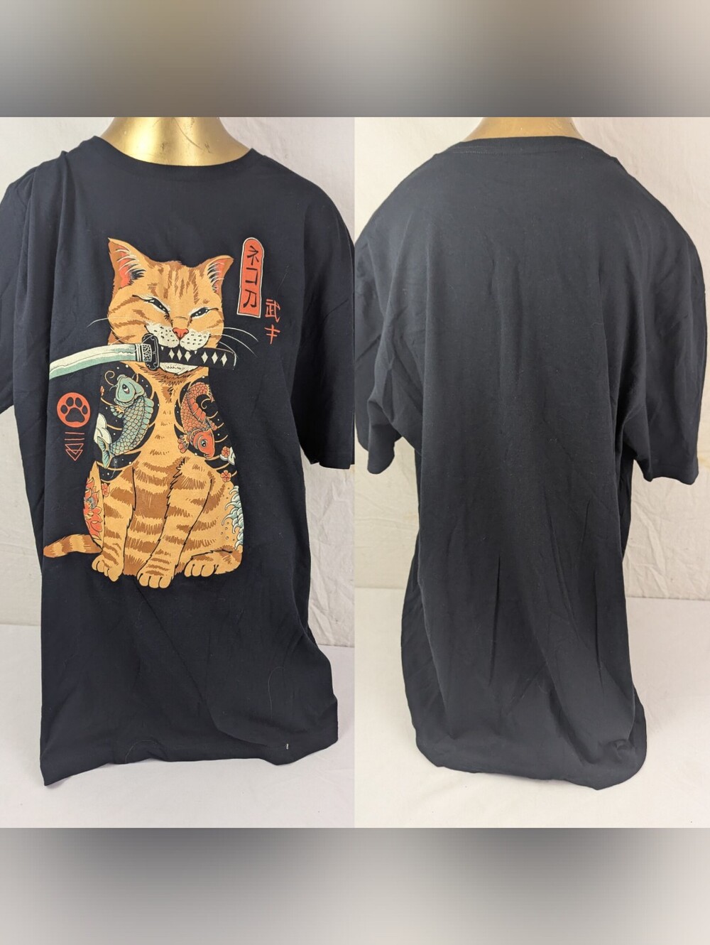 Threadless Cat Ninja Black Tee with Orange Tabby Cat and Koi Design XL